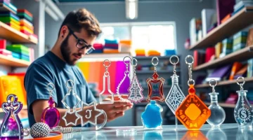 Engaging acrylic keychain maker showcasing custom designs in a vibrant workshop.
