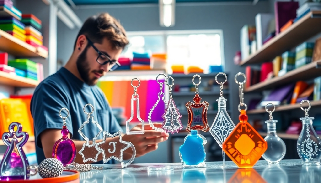 Engaging acrylic keychain maker showcasing custom designs in a vibrant workshop.