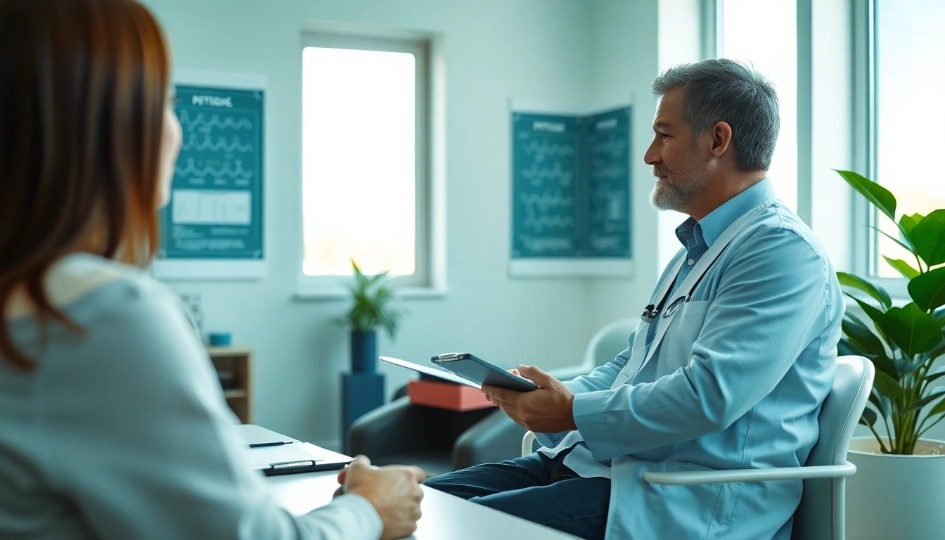 Engaging discussion about Peptide Therapy in a modern healthcare setting between a practitioner and a patient.