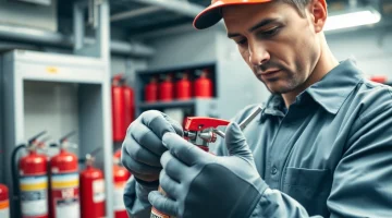 Performing fire extinguisher maintenance inspection with a certified technician in a safety-focused environment.