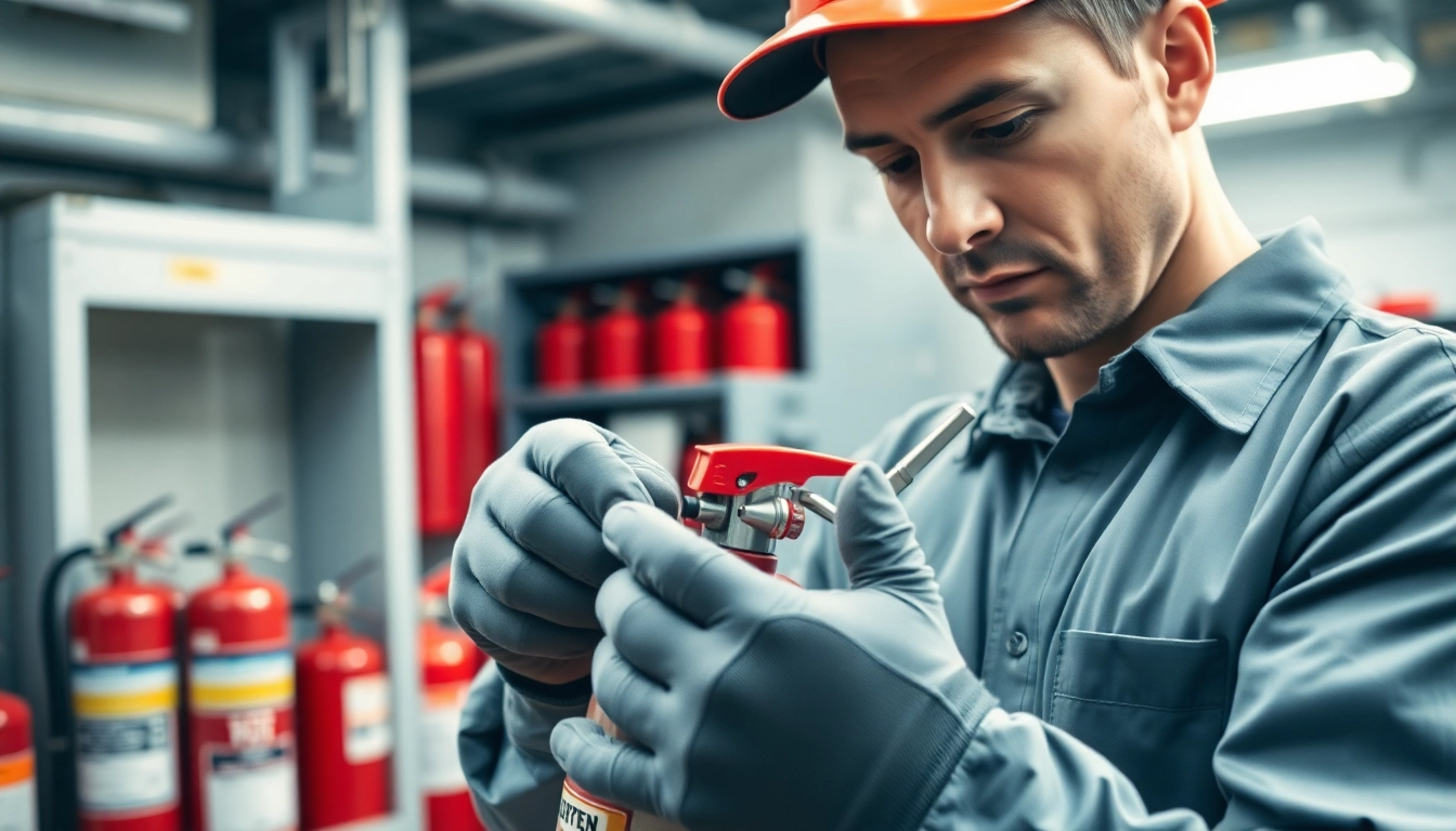 Performing fire extinguisher maintenance inspection with a certified technician in a safety-focused environment.