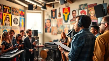 Engaging scene of music pitching event with diverse producers listening to a musician.