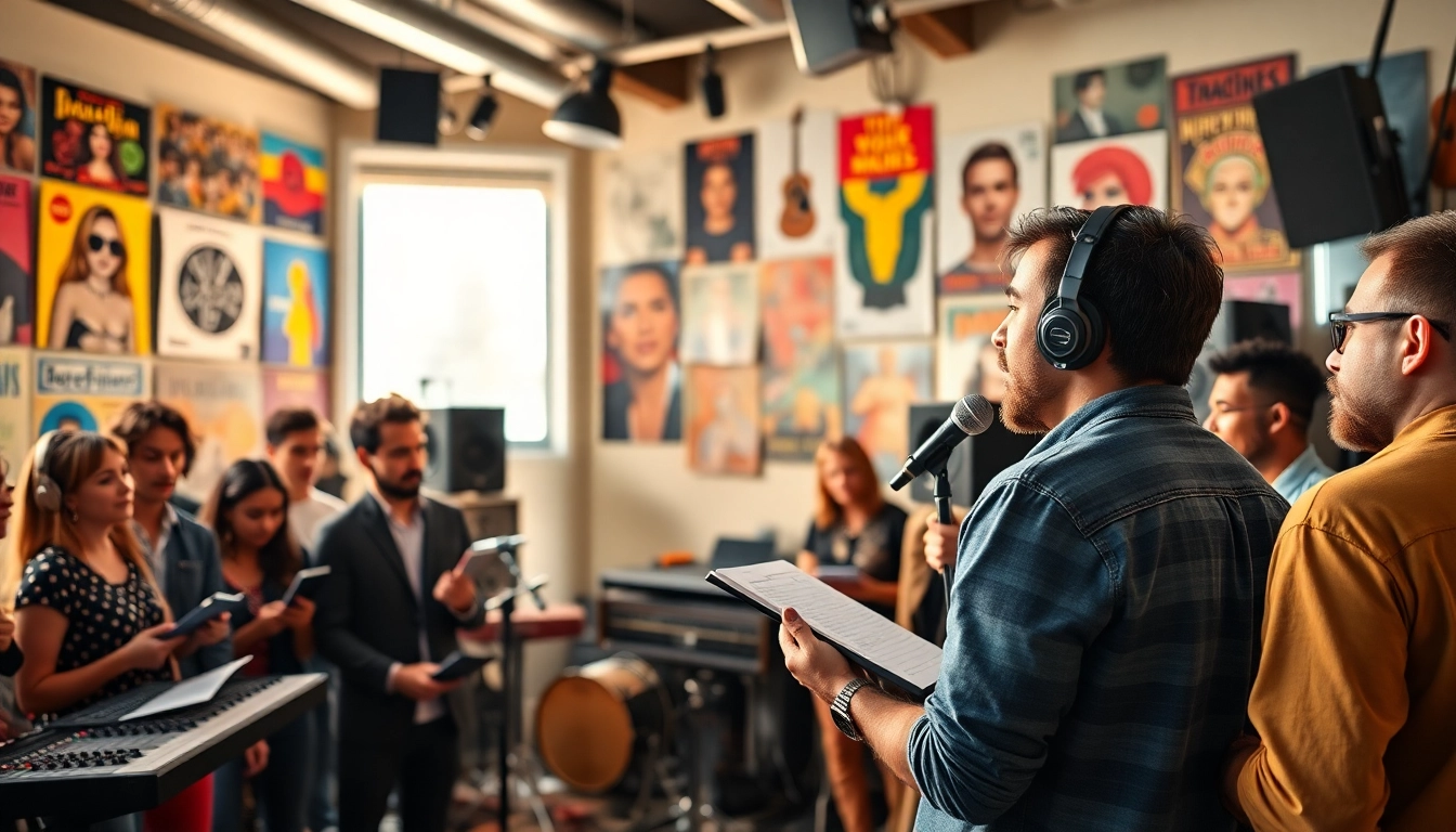 Engaging scene of music pitching event with diverse producers listening to a musician.