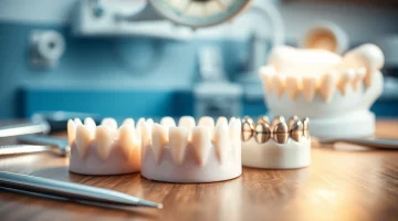 Showcasing dental crowns with intricate details and dental tools on a professional table.