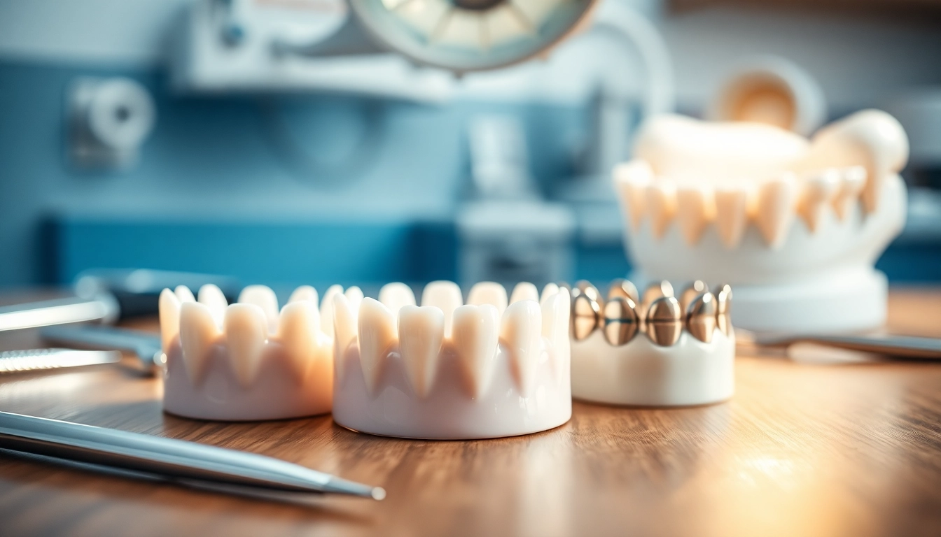Showcasing dental crowns with intricate details and dental tools on a professional table.