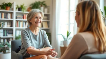 Engaging scene of an attachment theory coach facilitating a session with a client in a cozy, inviting environment.