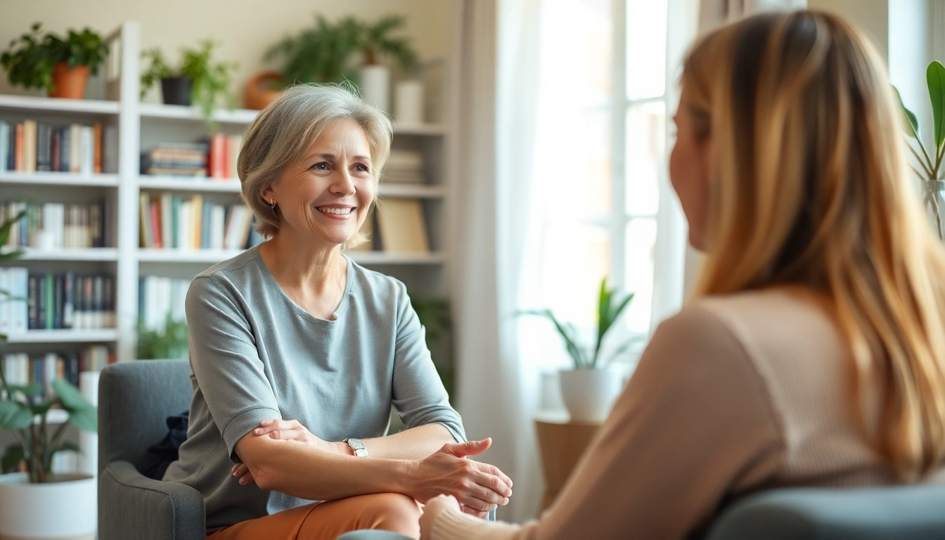 Engaging scene of an attachment theory coach facilitating a session with a client in a cozy, inviting environment.