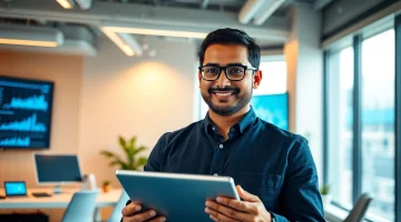 Portrait of Aravind Srinivas confidently engaging in technology, reflecting innovation in AI.