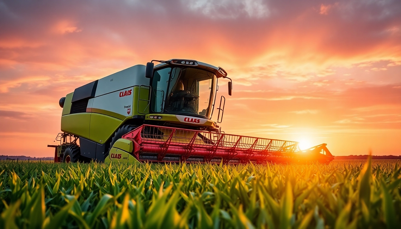 Claas Mähdrescher bei der Arbeit in einem Feld umgeben von reichhaltigen Pflanzen.