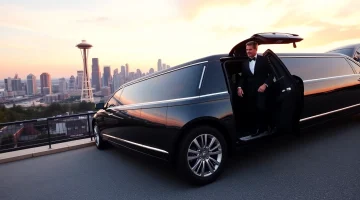 Experience luxury with Vancouver to Seattle Limo Service featuring a sleek limousine against the Seattle skyline.