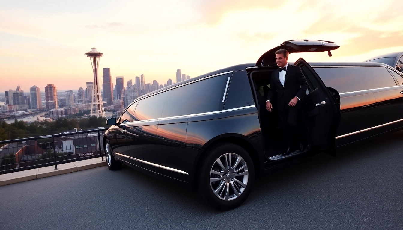 Experience luxury with Vancouver to Seattle Limo Service featuring a sleek limousine against the Seattle skyline.