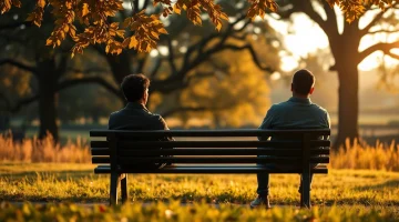 Person reflecting on dealing with grief in a serene park setting under warm sunlight.