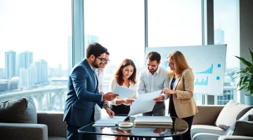 Collaborative strategy session with Quickplus Business Consultants showcasing diverse professionals in a modern office.