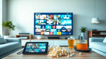 Comprar IPTV en una moderna sala de estar con múltiples dispositivos mostrando contenido.