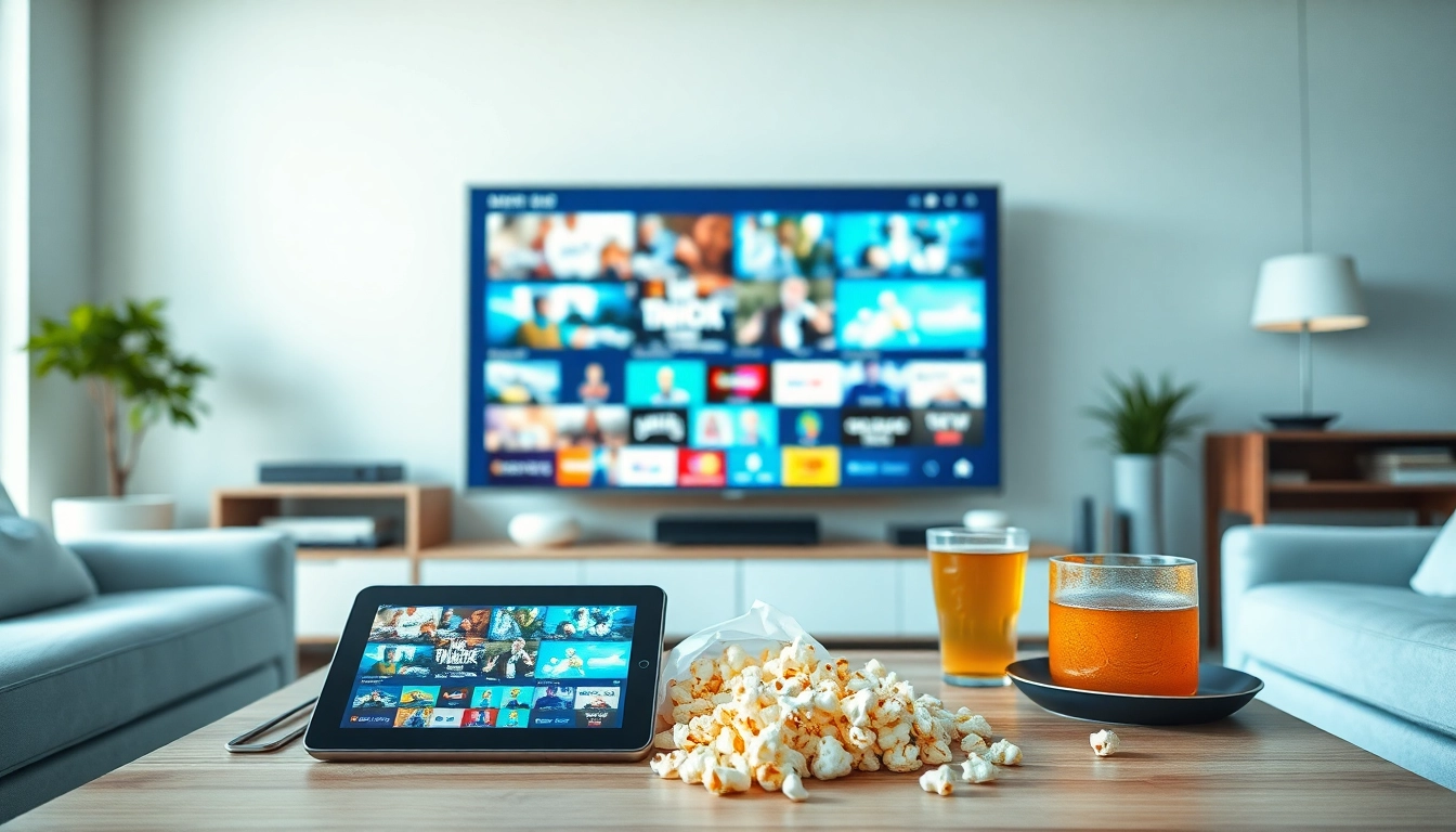 Comprar IPTV en una moderna sala de estar con múltiples dispositivos mostrando contenido.