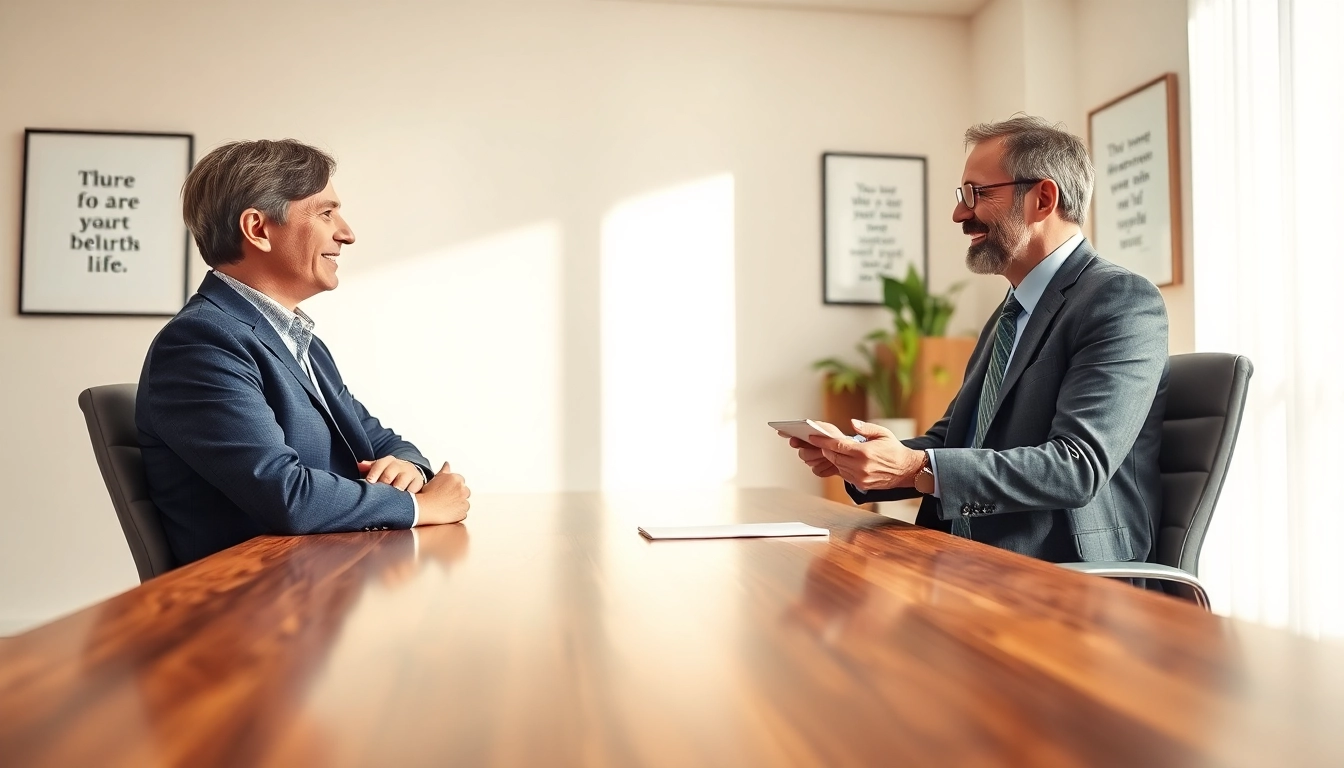 Psychiatrist engaging with a patient in a calming office environment.