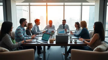 Engaged professionals collaborating on FBA wholesale strategies in a bright modern office.