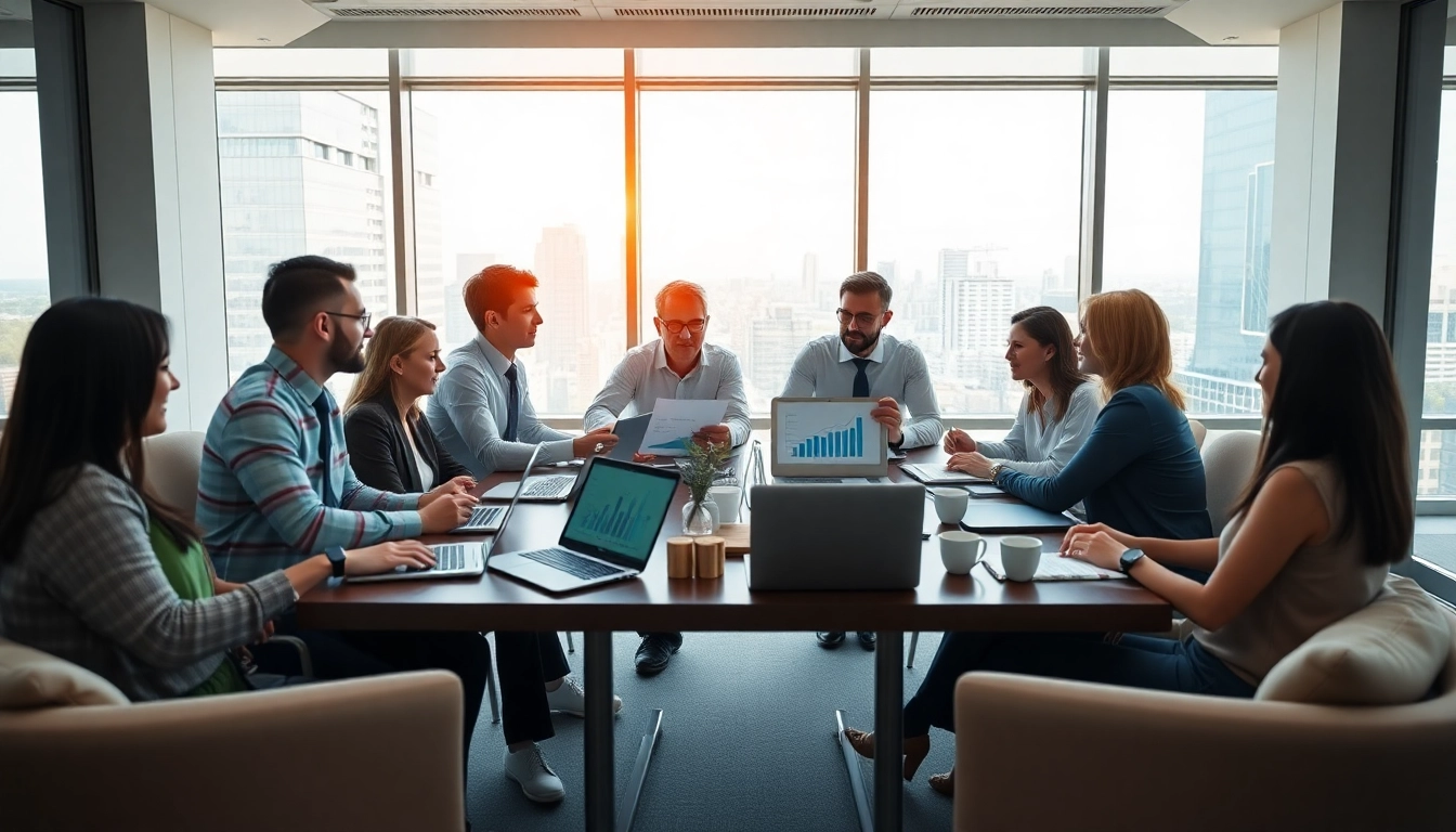 Engaged professionals collaborating on FBA wholesale strategies in a bright modern office.