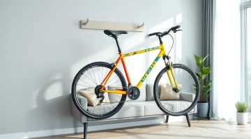 Show a bicycle wall hanger displaying a stylish mountain bike in a modern living room setting.