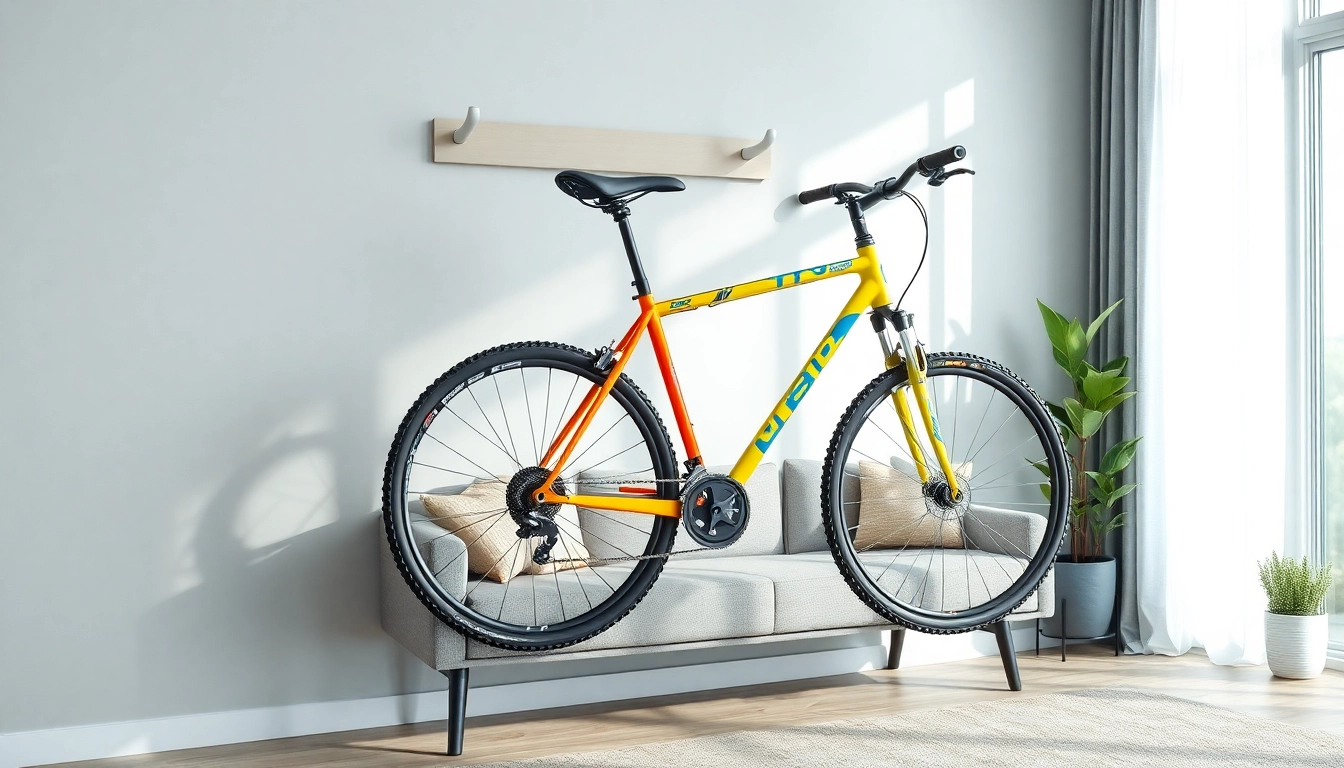 Show a bicycle wall hanger displaying a stylish mountain bike in a modern living room setting.