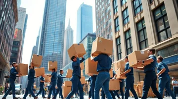 Best movers nyc delivering boxes in a busy New York City street with skyscrapers.