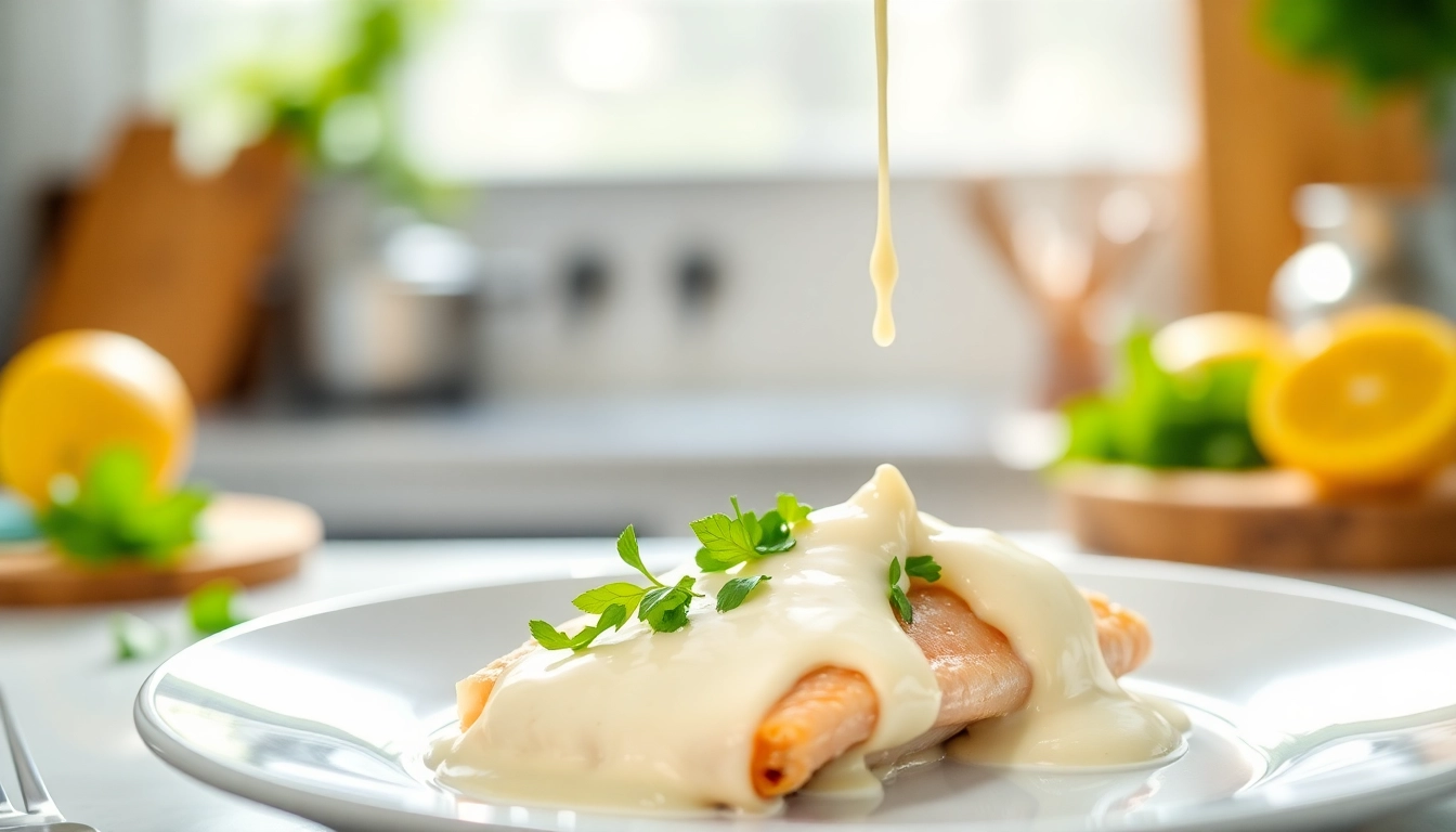 Mousseline sauce elegantly drizzled over fish garnished with fresh herbs in a gourmet setting.