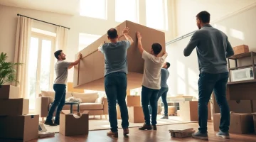 Movers Toronto helping a family relocate in a bright living room with moving boxes.