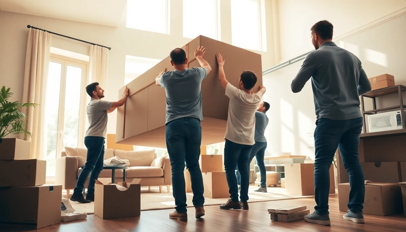 Movers Toronto helping a family relocate in a bright living room with moving boxes.
