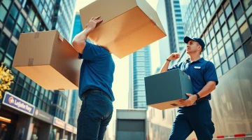 Local Toronto movers efficiently lift furniture in a bustling cityscape, showcasing professionalism and teamwork.