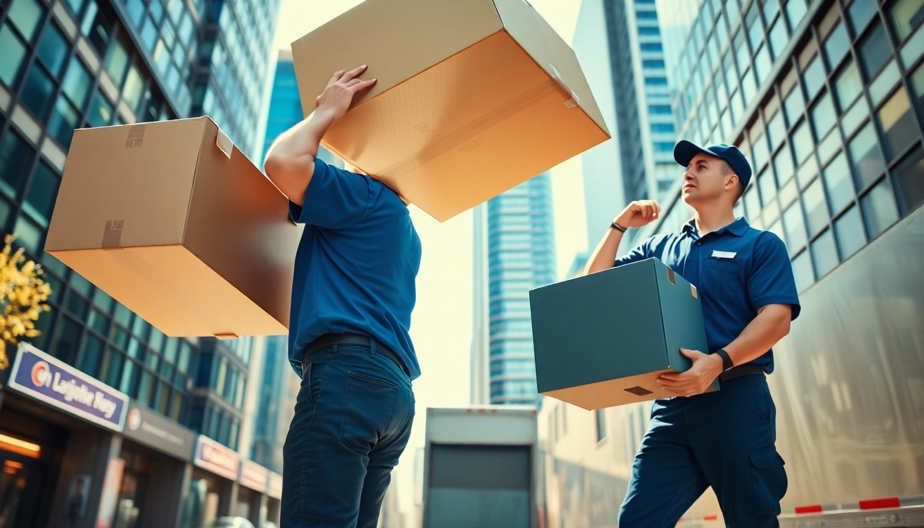 Local Toronto movers efficiently lift furniture in a bustling cityscape, showcasing professionalism and teamwork.
