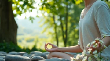Practicing deep breathing for dealing with stress in a tranquil outdoor setting.