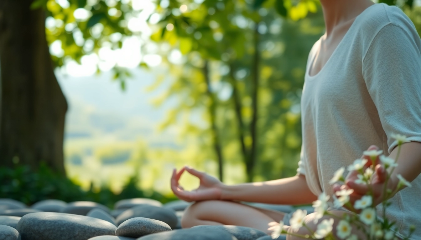 Practicing deep breathing for dealing with stress in a tranquil outdoor setting.