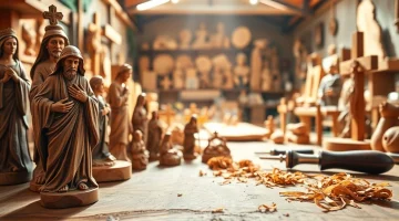 Detailed olive wood carvings showcasing exquisite craftsmanship and rich textures.