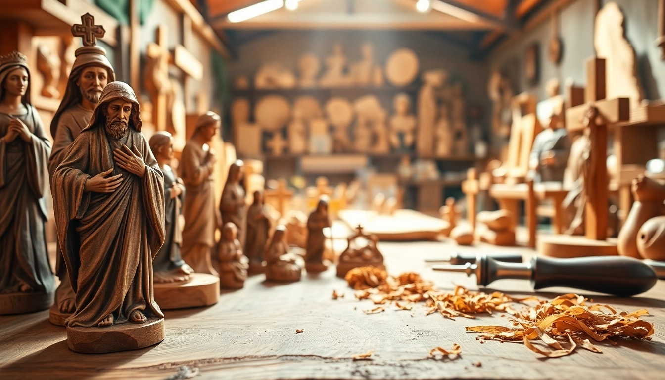 Detailed olive wood carvings showcasing exquisite craftsmanship and rich textures.